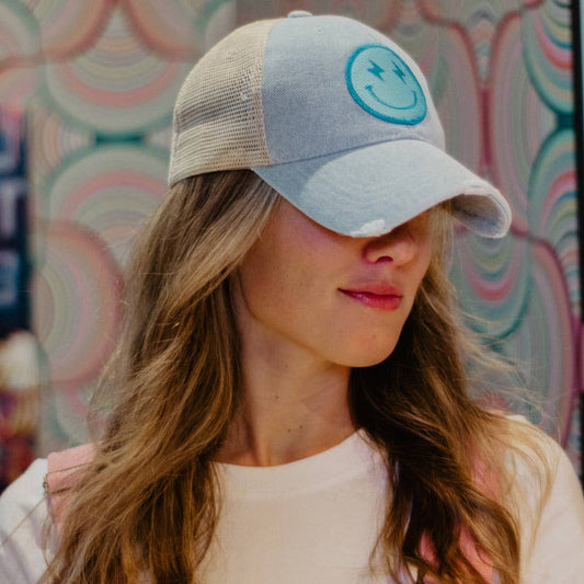 Katydid Turquoise Lightning Denim Happy Face Trucker Hat