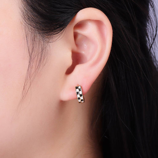 24K Gold Filled Checkered Enamel Huggie Earrings