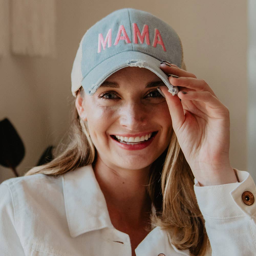 Katydid Mama Light Pink and White Denim Trucker Hat