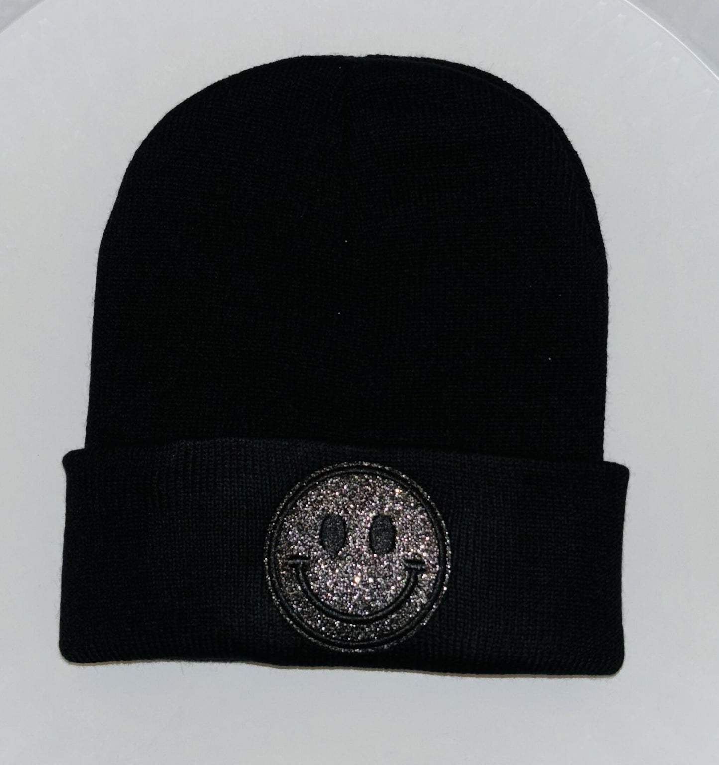 Black Beanie/Sparkle Charcoal Grey Smiley Face