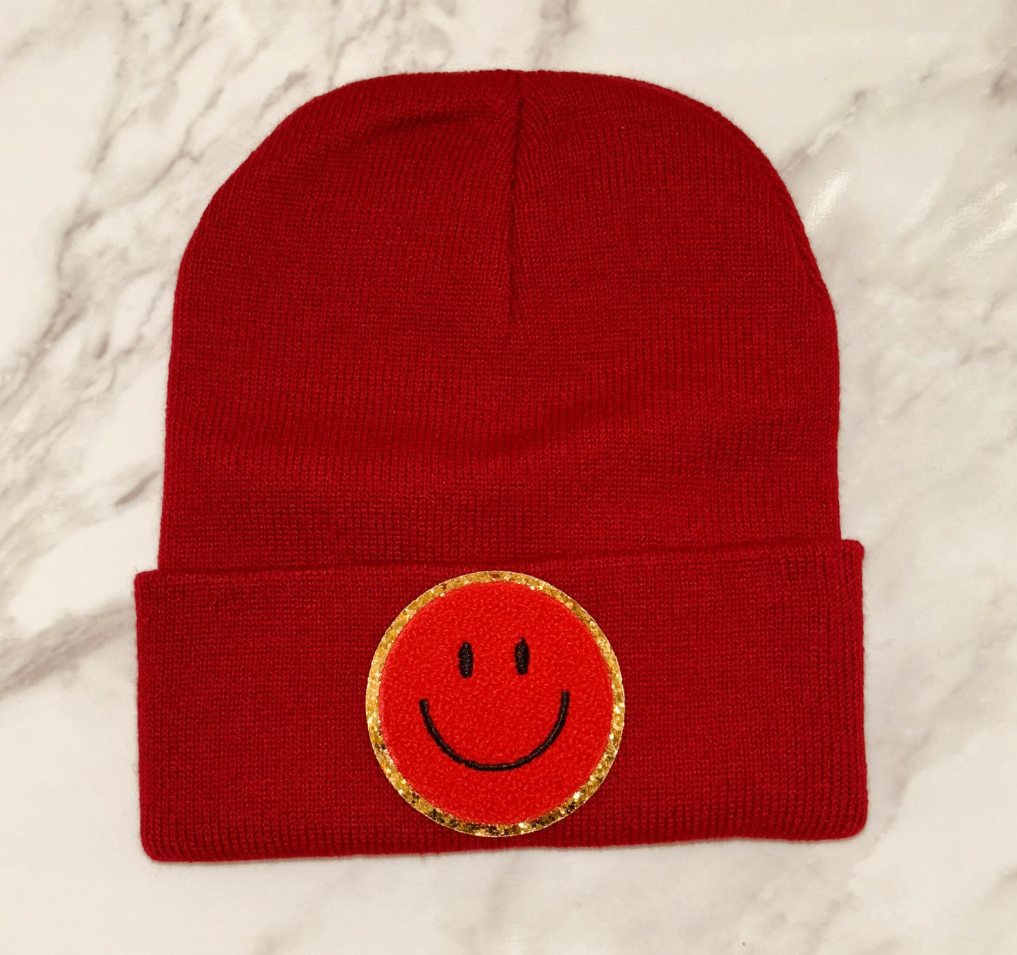 Dark Red Chenille Smiley Face/Red Beanie