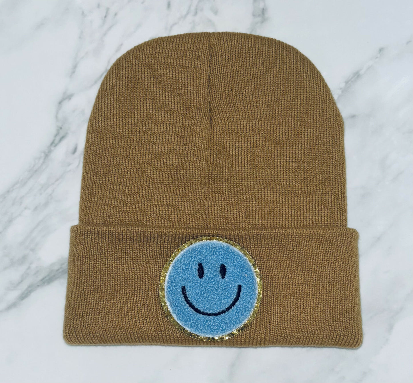 Light Blue Chenille Smiley Face/ Tan Beanie