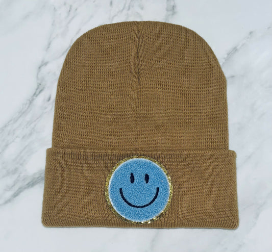 Light Blue Chenille Smiley Face/ Tan Beanie