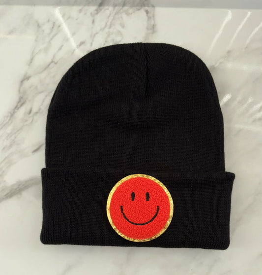 Dark Orange Chenille Smiley Face/ Black Beanie