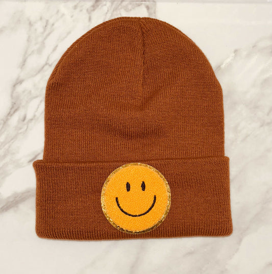 Dark Yellow Chenille Smiley Face/ Rust Brown Beanie