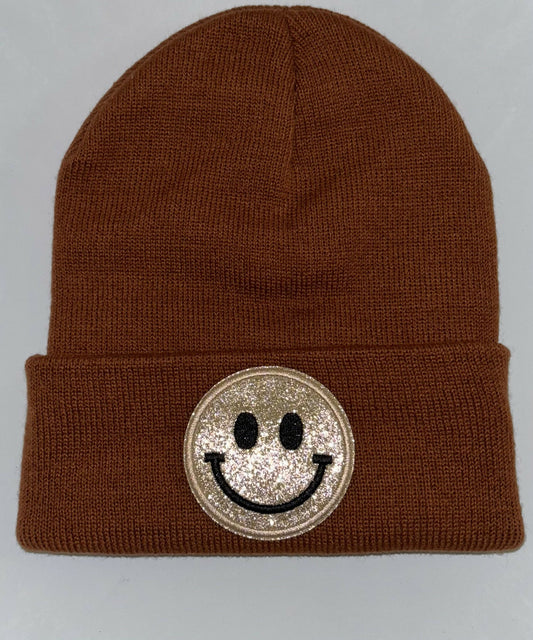 Rust Beanie/ Lt. Gold Smiley Face