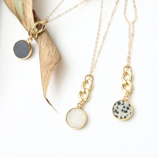 Linked Gemstone Necklace, cuban chain accented necklace - Chocolate and Steel