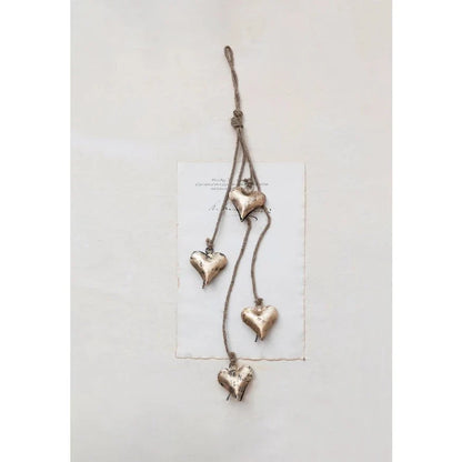 Metal Hearts on Jute Rope, Antique Brass Finish
