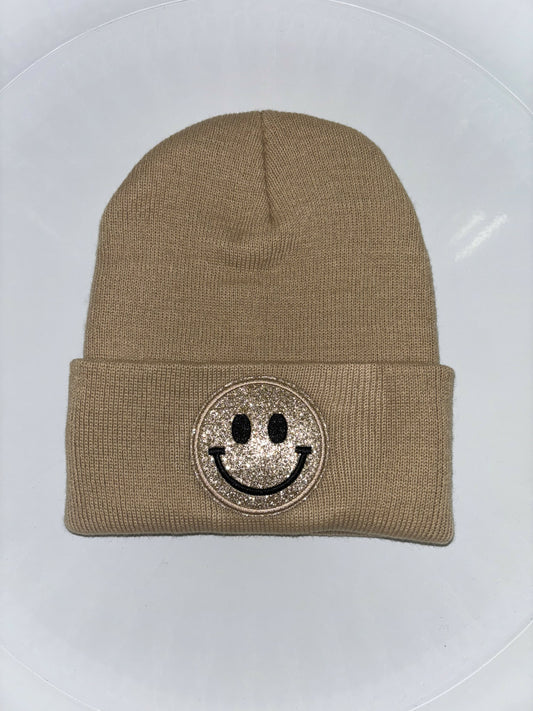 Tan Beanie/Gold Smiley Face