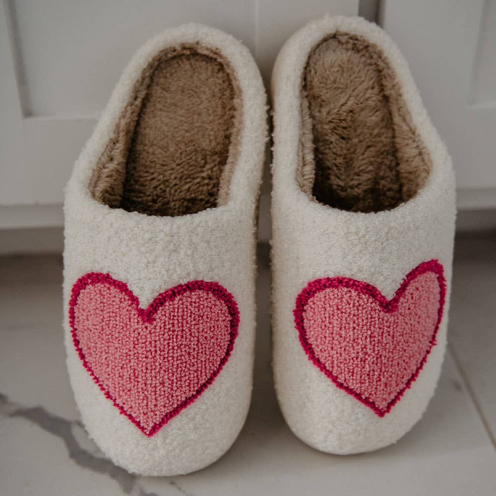 Katydid Pink/Red Heart Fuzzy Slippers