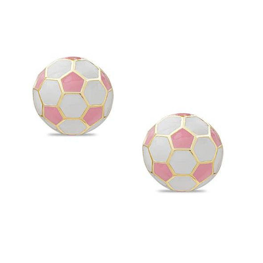 Little Girls 3D Soccer Ball Stud Earrings - Pink & White